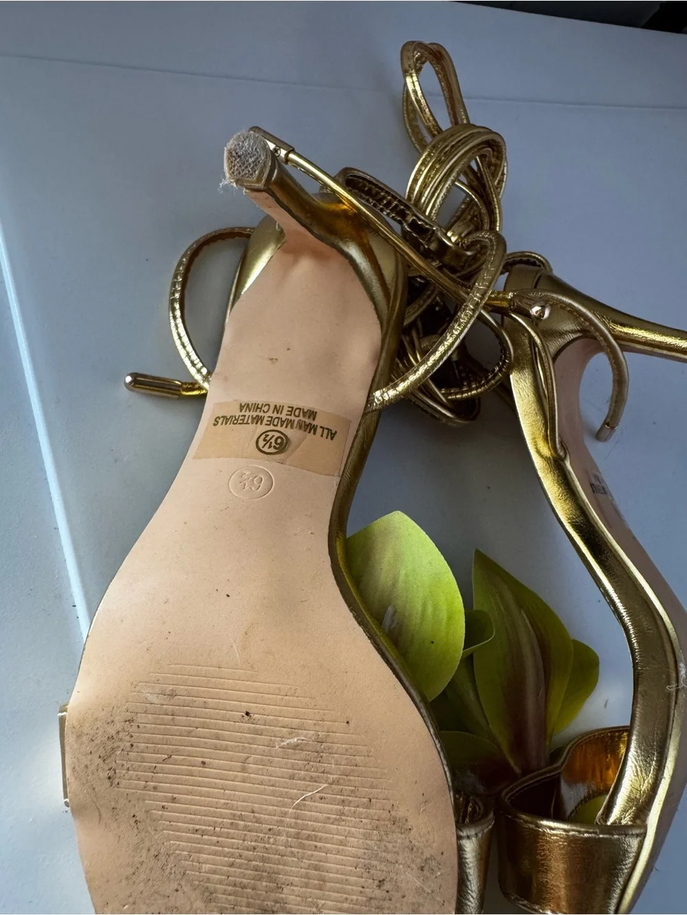 Miss Lola Gold with Green Floral Embellished High Heel Sandals